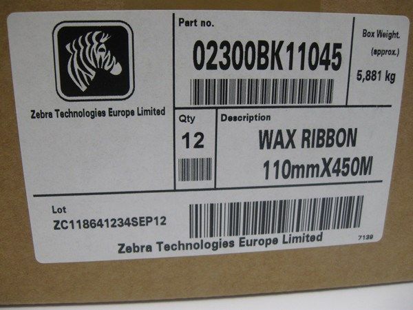 Zebra Cinta ribbon transfer 110mm X 450m -  02300BK11045 - cera - negro - diámetro interno 25mm.