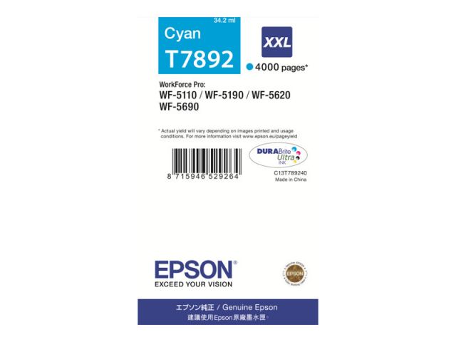 Epson cartucho de tinta cyan 79XXL C13T78924010 4000 páginas para WorkForce Pro WF-4630DWF, WF-4640DTWF, WF-5110DW, WF-5190DW, WF-5620DWF, WF-5690DWF
