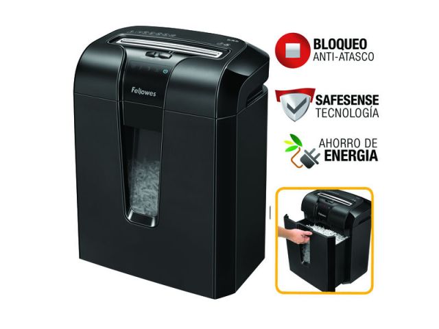 Fellowes destructora 63CB 19 litros 10 hojas 70gr. corte en partículas 4mm x 51mm.-8 minutos continuo-320 hojas diarias-uso frecuente-1 a 3 usuarios-pequeña empresa
