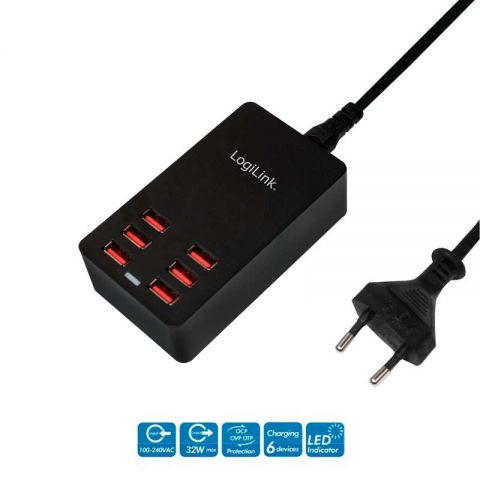 LogiLink cargador 32W USB 6 puertos - PA0139