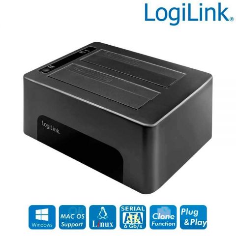 LogiLink Docking Station USB 3.2 Gen1, 2 bahías, para HDD / SSD SATA de 2.5 o 3.5 