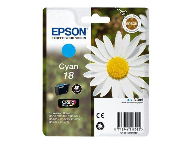 Epson cartucho de tinta cyan 18 T18024010 180 páginas XP30-102-105-202-205-302-305-402-405