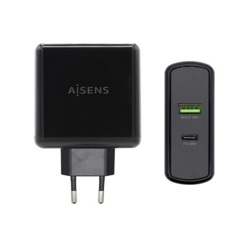 Aisens Cargador 48W USB-C PD3.0 30W  + 1xUSB-A QC3.0 18W negro ASCH-2PD30QC-BK