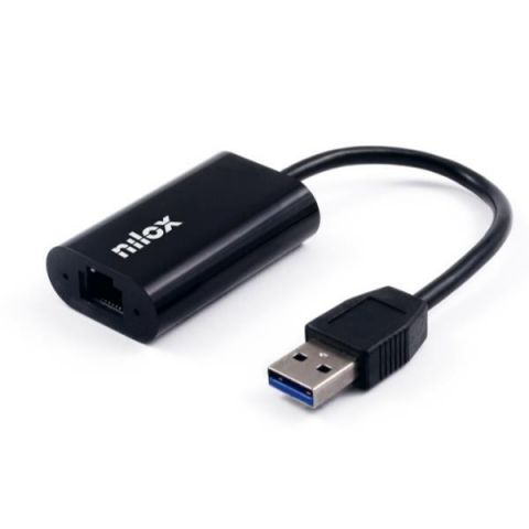 NILOX Cable adaptador USB A 3.0 a RJ45 M/H negro - RTL8153B • NXADAP05 - red 10/100/1000Mbps - 51.6 x 32.6 x 15.6 mm -  Alimentación 5V (a través del conector USB) - Conector de red RJ45 - Soporta modo suspendido y reactivación remota - Windows - MacOS -