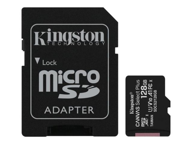 Kingston memoria 128 GB Canvas Select Plus SDCS2/128GB - Tarjeta de memoria flash con adaptador microSDXC a SD Incluido - A1 / Video Class V30 / UHS Class 3 / Class10 - microSDXC UHS-I