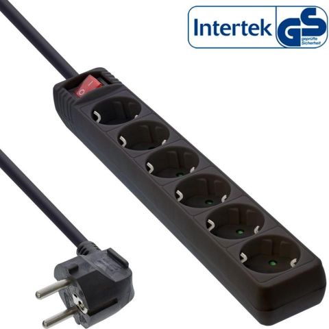 INTERTEK Regleta 6 tomas - 16463T - cable de 3 metros - negra - 16A 3500W - Interruptor ON/OFF