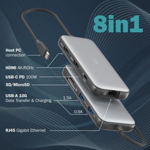 Digitus Docking Station DA-70915 - USB-C - 8 Port - 2xHDMI - 2xUSB3.0 -  1xRJ45 - 1xSD - 1xMicroSD - 1xUSB-CPD