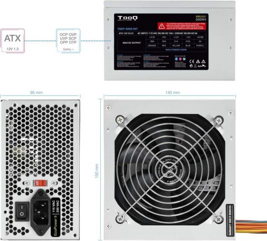 TOOQ Fuente alimentación EP-II TQEP-500S-INT - 500W - 110V/240V - 1x ATX 24/20 pines, 1x ATX 12V 8-4 pines, 4x SATA, 2x 4 Pines, Plata 