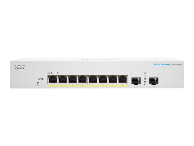 Cisco Business 220 Series- CBS220-8P-E-2G-EU- conmutador - inteligente-8x 10/100/1000 (PoE+) + 2 x Gigabit SFP-enlace ascendente- montaje en rack -