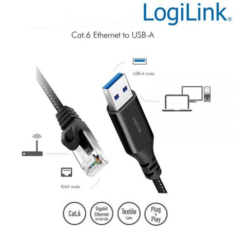 Logilink cable Ethernet USB 3.0 macho a RJ45 macho- 2 metros- 1 Gbps- activo- negro- CUO402-