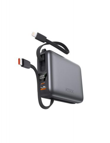 KSIX powerbank 20.000 mAh- carga rápida 22,5W -cables integrados USB-C y Lightning- pantalla LED- gris- BPB20PD22INTG-