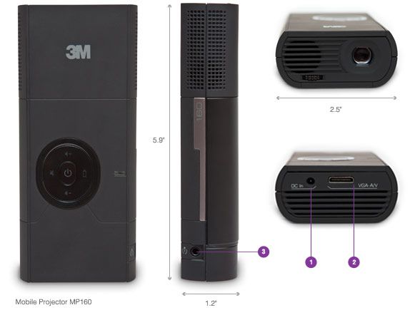 3M Microproyector MP160 - 30 Lúmenes - resolución SVGA - audio 2 x 0,75w  - 300 gramos de peso con batería - pantalla de 10