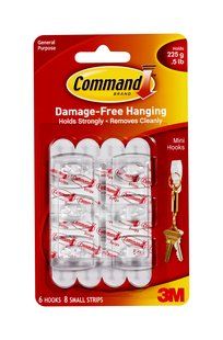 3M Command 17006EP gancho mini plástico transparente - soporta hasta 220 gramos - blister 6 unidades + tiras adhesiva